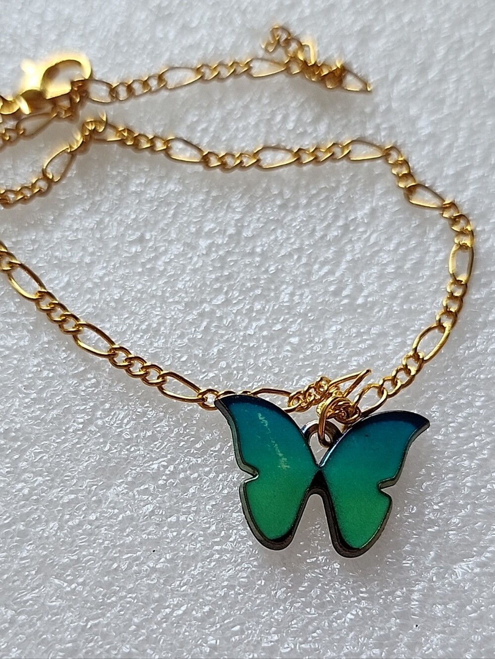 Hand Crafted Gold Chain Bracelet / Anklet with Green-Blue Butterfly Charm